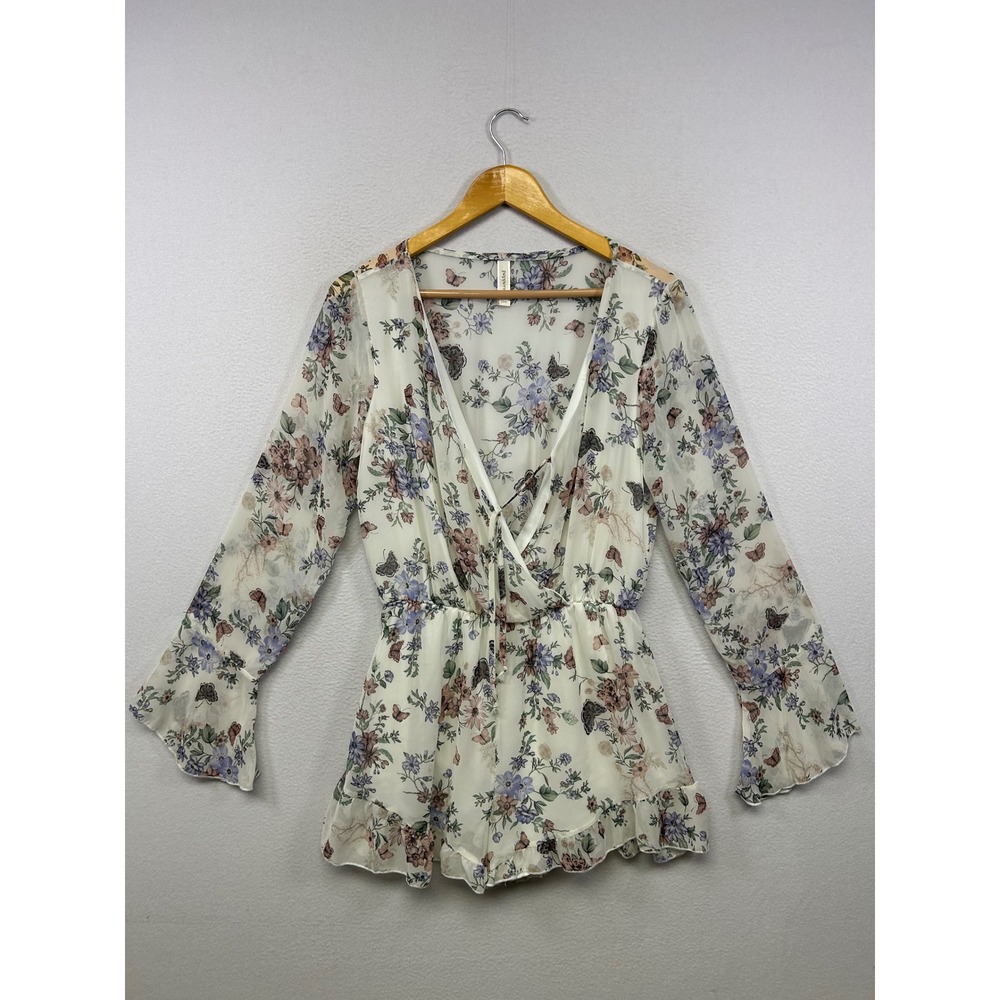 Fairycore Boho Peppermint Women Small White Floral Butterfly Long Sleeve Romper